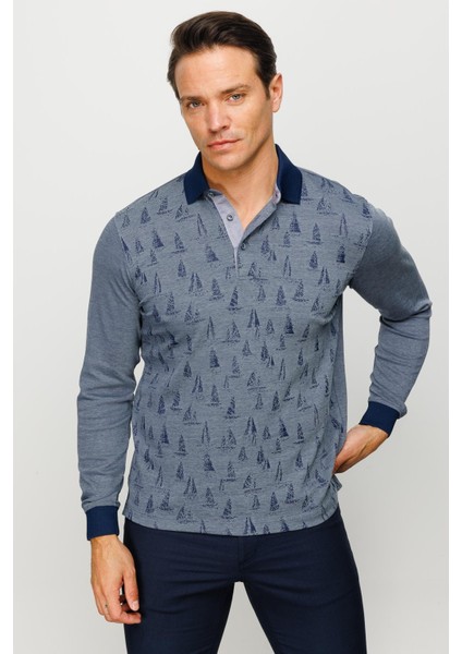 Erkek Polo Yaka Yelken Desenli Sweatshirt Füme