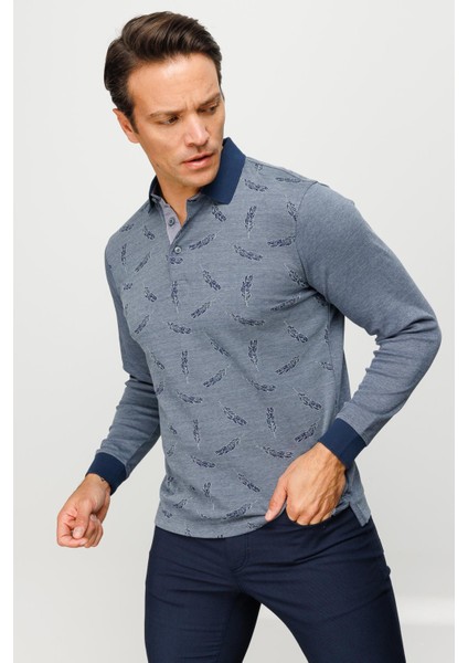 Erkek Polo Yaka Tüy Desenli Sweatshirt Füme