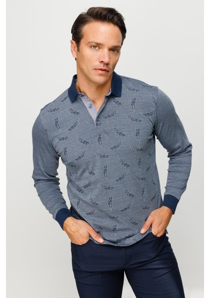 Erkek Polo Yaka Tüy Desenli Sweatshirt Füme