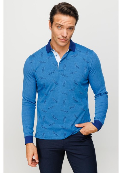 Erkek Polo Yaka Tüy Desenli Sweatshirt Saks