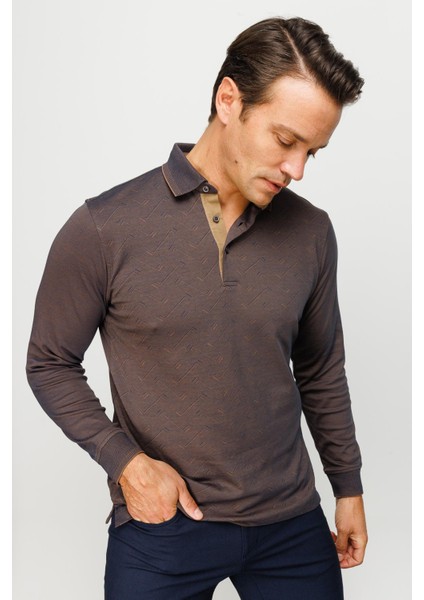 Erkek Polo Yaka Desenli Uzun Kollu Sweatshirt Kahve