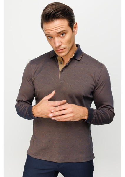 Erkek Polo Yaka Desenli Uzun Kollu Sweatshirt Kahve fiyatları