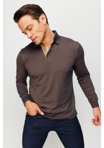Erkek Polo Yaka Desenli Uzun Kollu Sweatshirt Kahve modelleri