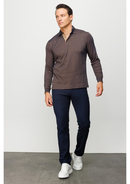 Erkek Polo Yaka Desenli Uzun Kollu Sweatshirt Kahve indirimleri