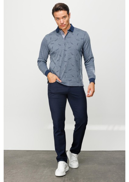 Erkek Polo Yaka Tüy Desenli Sweatshirt Füme