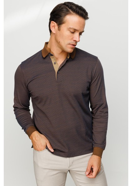 Erkek Polo Yaka Jakarlı Minik Desenli Sweatshirt Kahve