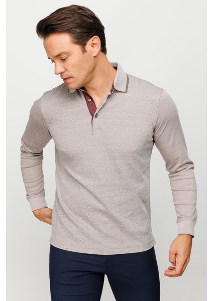 Erkek Polo Yaka Kare Desenli Uzun Kollu Sweatshirt Bej