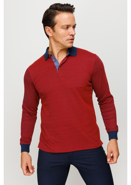 Erkek Polo Yaka Jakarlı Minik Desenli Sweatshirt Bordo