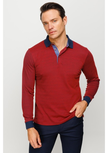 Erkek Polo Yaka Jakarlı Minik Desenli Sweatshirt Bordo fiyatları