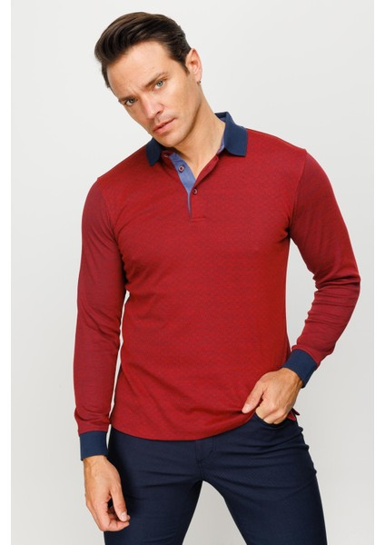 Erkek Polo Yaka Jakarlı Minik Desenli Sweatshirt Bordo indirimleri