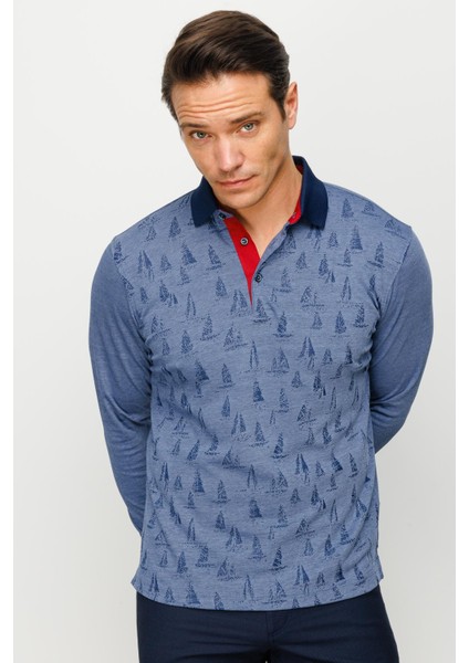 Erkek Polo Yaka Yelken Desenli Sweatshirt Lacivert