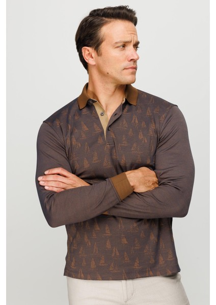 Erkek Polo Yaka Yelken Desenli Sweatshirt Kahve