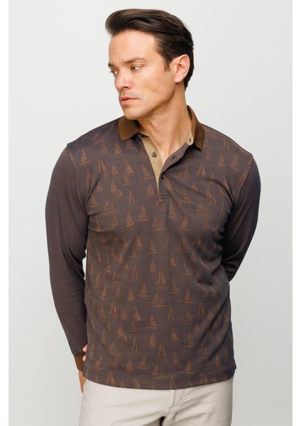 Erkek Polo Yaka Yelken Desenli Sweatshirt Kahve fiyatları