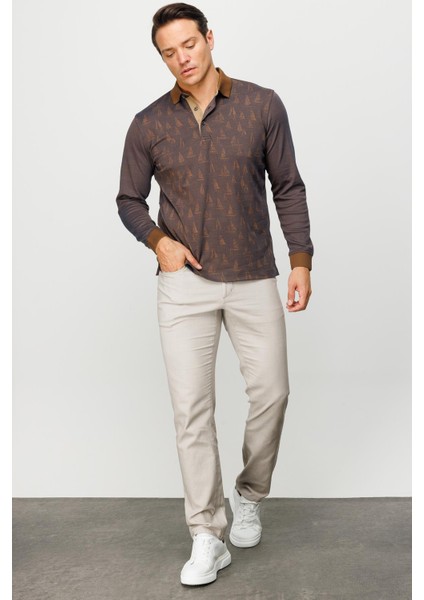 Erkek Polo Yaka Yelken Desenli Sweatshirt Kahve modelleri