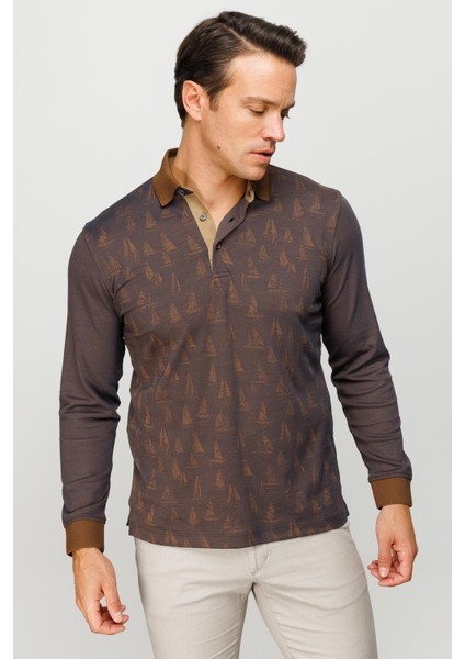 Erkek Polo Yaka Yelken Desenli Sweatshirt Kahve indirimleri