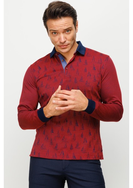 Erkek Polo Yaka Yelken Desenli Sweatshirt Bordo
