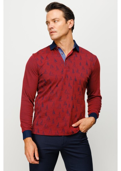 Erkek Polo Yaka Yelken Desenli Sweatshirt Bordo indirimleri