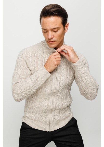 Erkek Yarım Balıkçı Yaka Saç Örgülü Yün Ceket V.bej