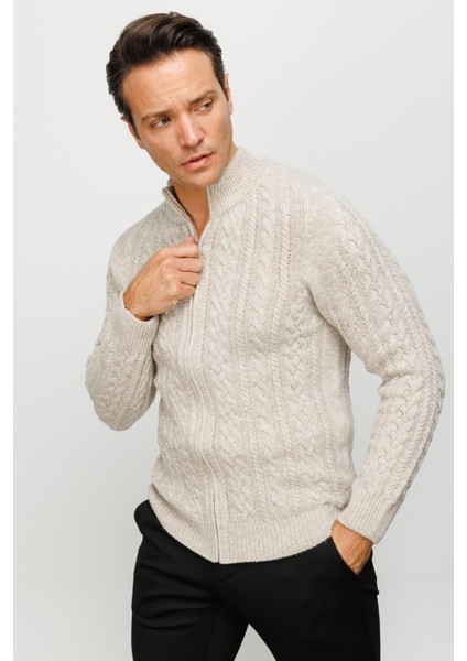Erkek Yarım Balıkçı Yaka Saç Örgülü Yün Ceket V.bej indirimleri