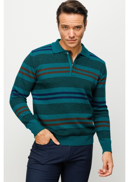 Erkek Polo Yaka Renkli Çizgili Kalın Yün Kazak