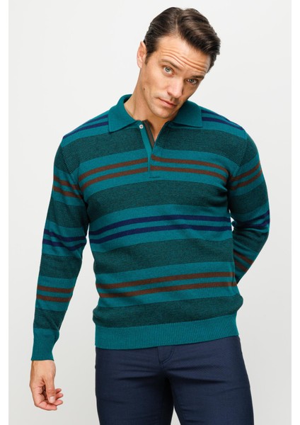 Erkek Polo Yaka Renkli Çizgili Kalın Yün Kazak