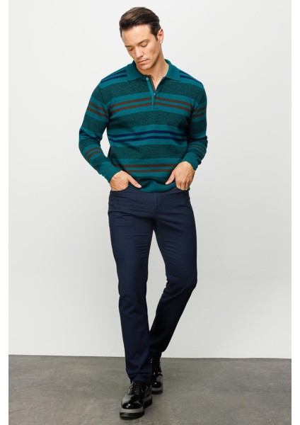 Erkek Polo Yaka Renkli Çizgili Kalın Yün Kazak