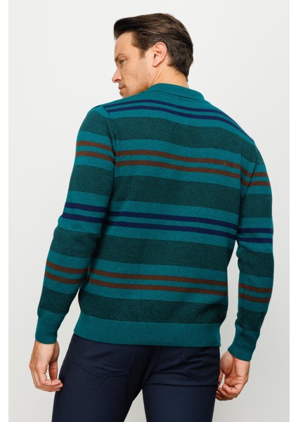 Erkek Polo Yaka Renkli Çizgili Kalın Yün Kazak