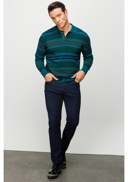 Erkek Polo Yaka Renkli Çizgili Kalın Yün Kazak