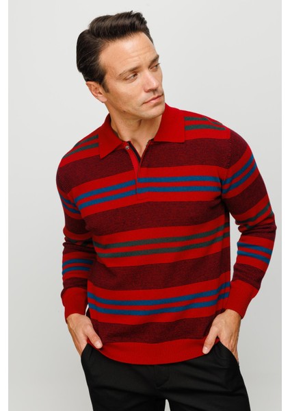 Erkek Polo Yaka Renkli Çizgili Kalın Yün Kazak