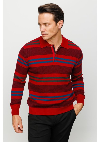 Erkek Polo Yaka Renkli Çizgili Kalın Yün Kazak