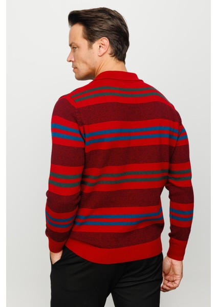 Erkek Polo Yaka Renkli Çizgili Kalın Yün Kazak