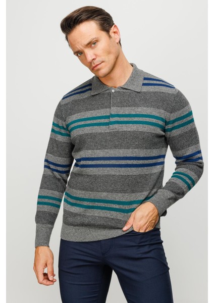 Erkek Polo Yaka Renkli Çizgili Kalın Yün Kazak