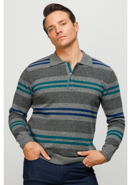 Erkek Polo Yaka Renkli Çizgili Kalın Yün Kazak