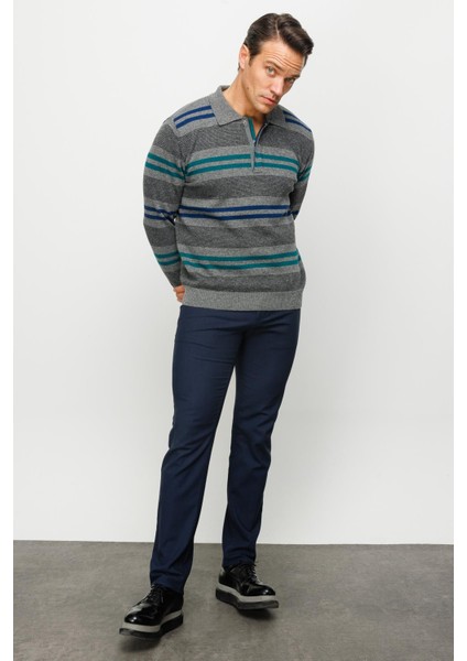 Erkek Polo Yaka Renkli Çizgili Kalın Yün Kazak