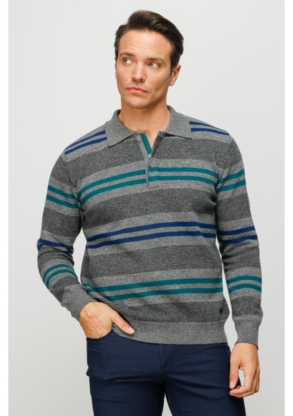 Erkek Polo Yaka Renkli Çizgili Kalın Yün Kazak