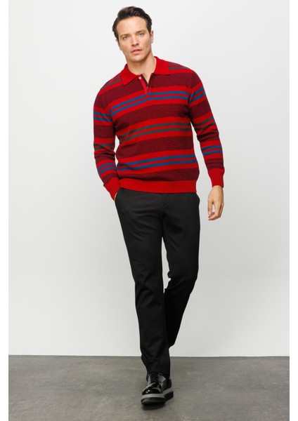 Erkek Polo Yaka Renkli Çizgili Kalın Yün Kazak modelleri