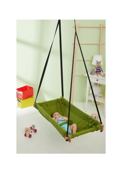 Ahşap Yaylı Zıp Zıp Bebek Hamak Beşik (Yeşil)