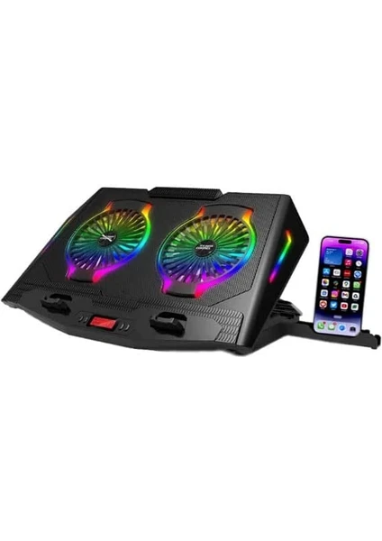 Coverzone Dizüstü Bilgisayar Laptop Stand ve Soğutucusu Rgb Renkli Oyuncu Laptoplarına Özel 2 Büyük Fanı Ile Hızlı Soğutma 2 USB Girişli Fonksiyonel Çok Amaçlı Telefon Tutucu Özellikli