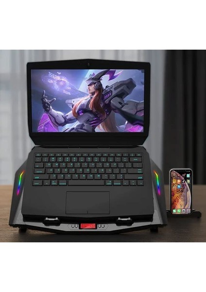 Coverzone Dizüstü Bilgisayar Laptop Stand ve Soğutucusu Rgb Renkli Oyuncu Laptoplarına Özel 2 Büyük Fanı Ile Hızlı Soğutma 2 USB Girişli Fonksiyonel Çok Amaçlı Telefon Tutucu Özellikli