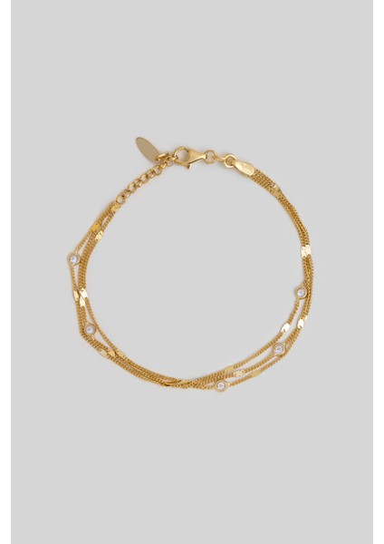 Zirkon Taşlı 18 Ayar Sarı Altın Kaplama 19 cm Gümüş Çoklu Zincir Bileklik