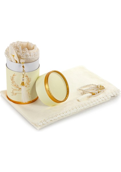 Özel Silindir Kutulu Set Inci Tesbihli Tül Şal Krem Renk