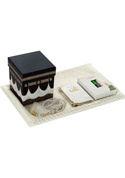 Kabe Desenli Özel Kutulu Mevlüt Hediye Seti - Fistolu Örtü - Ravza Kokusu - Inci Tesbih - Kadife Yasin Krem