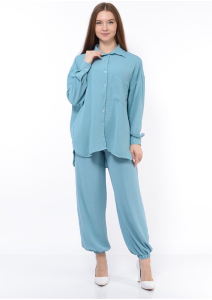 Kadın Aerobin Gömlek-Pantolon Alt Üst Ikili Takım Bebe Mavisi