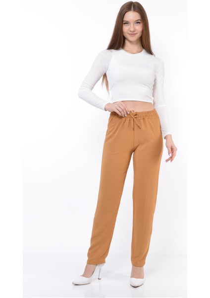 Kadın Beli Lastikli Aerobin Pantolon Taba