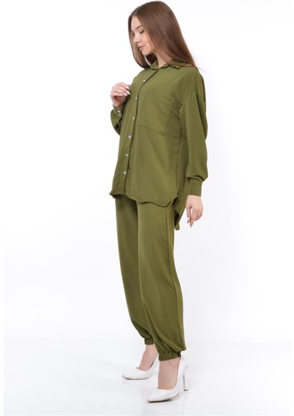 Kadın Aerobin Gömlek-Pantolon Alt Üst Ikili Takım Haki