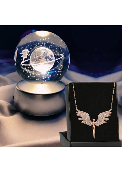 Satürn Işıklı Cam Küre 8cm*6cm Lotus Melek Kolye Hediyeli
