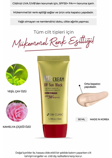 3W CLiNiC Renk Eşitleyici ve Spf 50 Pa +++ Güneş Koruyucu Açık Renk BB Krem Bb Cream Uv Sun Block