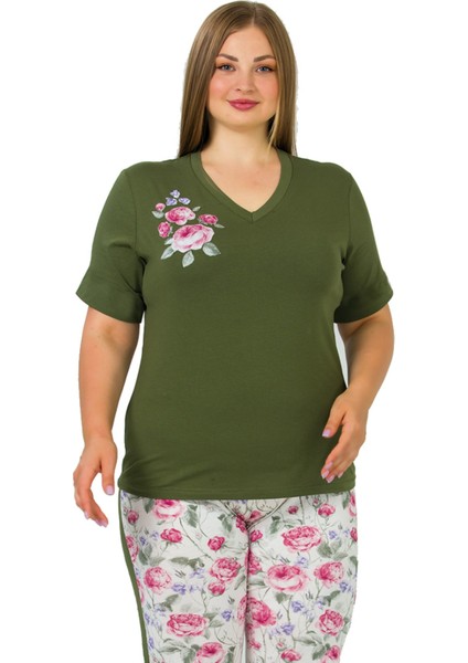Yeşil Renk ve Çiçek Desenli Lady 10644 Battal Büyük Beden Kapri Pijama Takımı modelleri