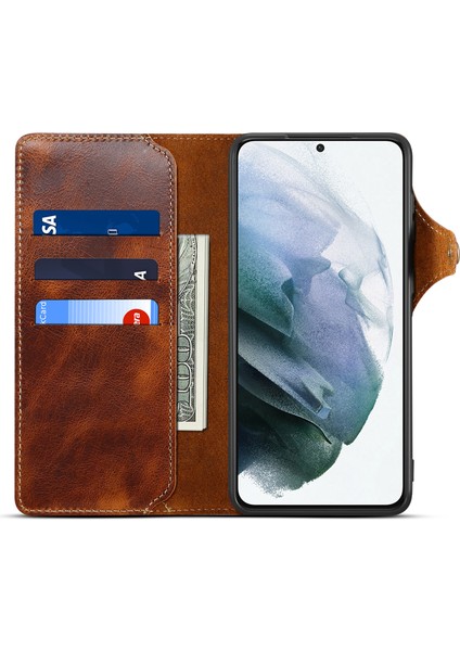 Samsung Galaxy S23 Plus Yağ Balmumu Dokusu Telefon Cüzdan Kılıfı Manyetik Düğme Kapatma Orijinal Deri Folyo Flip Kapak Kayış (Yurt Dışından) modelleri