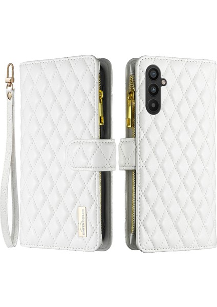 Samsung Galaxy A34 5g Baskılı Rhombus Desen Pu Deri Kılıf Folio Manyetik Cüzdan Stand Zipper Cep Telefon Kapağı Kayışla (Yurt Dışından)